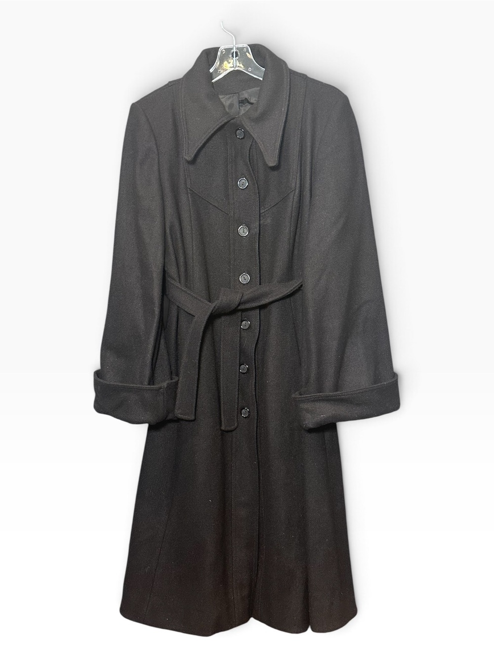 Vintage 70s Black Wool Coat Womens M Belted Fit Flare ILGWU Union Made USA